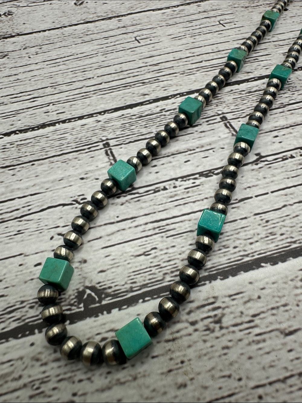 Turquoise Cube Bead Necklace with Silver Pearls - Women Jewelry